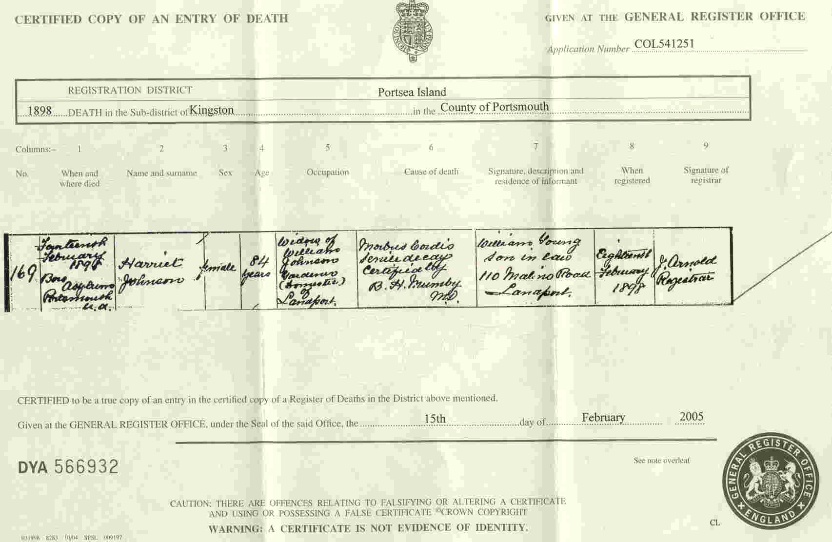 Harriet Trim death cert