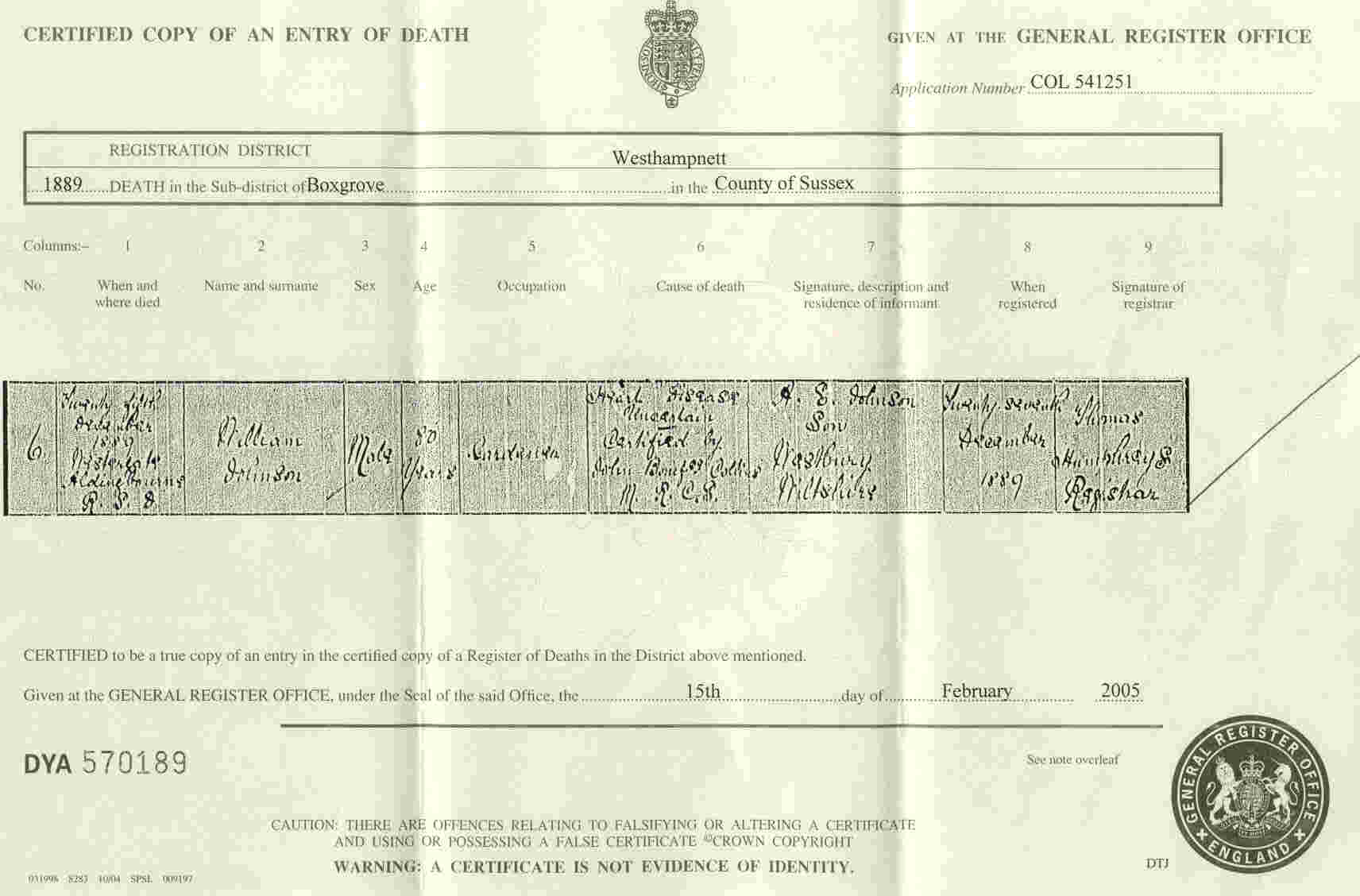 William Johnson death cert